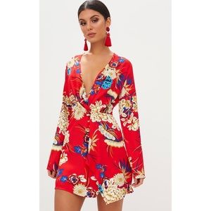 Red Floral Long Sleeve Wrap Dress